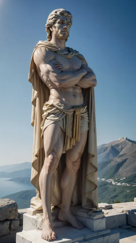  create an image in high resolution 8k cinematographic of a very muscular Greek God like a marble statue.  He is holding his arms with his arms crossed and is wearing a Greek cloak .  He is standing on top of a mountain . In the background of the image you...