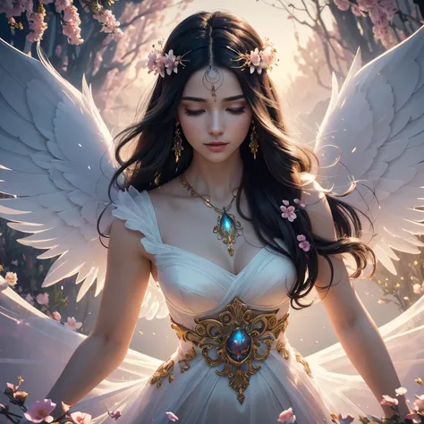 1 mature angel, (translucent angel wings), long billowing black hair with pink accent, flowers in hair, (glowing halo on head), (best quality, 4k, 8k, hires, masterpiece:1.2), ultra-detailed, (realistic, photorealistic, photo-realistic:1.37), beautiful and...