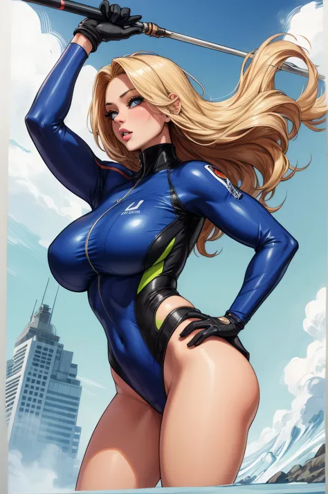 (high quality, detailed:1.3), (huge breasts:1.2), (muscular female:0.8), (very long blond hair, blue eyes:0.9), (sports ground view:1.1), (sexy sport suit), (sexy posing, view from the side)