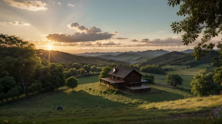 A peaceful landscape in the interior of Minas Gerais: a simple farmhouse surrounded by green mountains and fruit trees, with a golden sunset sky. The family is gathered on the porch, but theres something about their surroundings that shatters the serenity—...