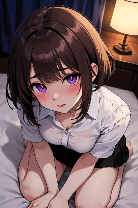 Masterpiece, Best Quality, Hi-Res, source_anime, (good_hands:0.9) , 1girl, purple eyes, brown hair, curly short hair, light purple unbuttoned shirt, black mini skirt, medium breast, curvy body, High Contrast Glossy Oily Skin, bedroom, kneeling, from above....