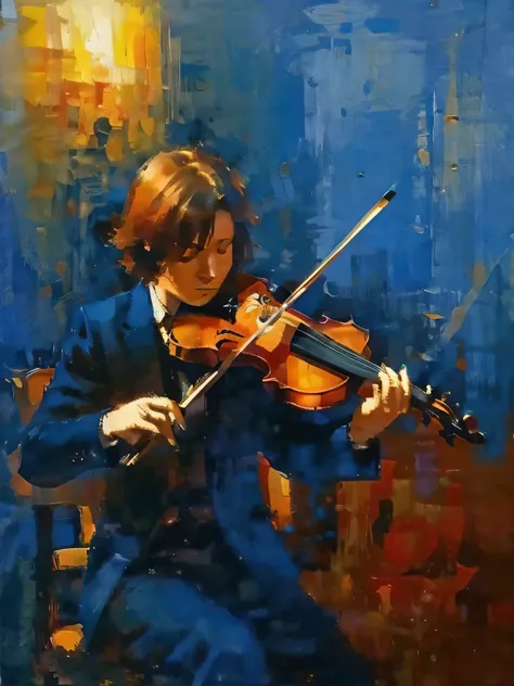 Impression of a Faceless Musician, playing a violin, with rich colors , contrast of light and shadow, Spatulated , knife painting, artwork.