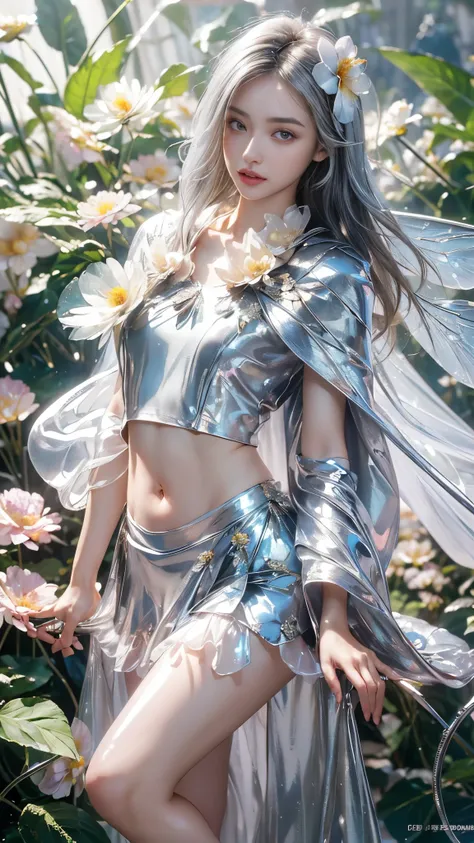 8k, masterpiece, 1 girl, beautiful face, very long hair, light makeup, (glossy skin:1.5), detailed eyes, detailed lips, small bust, short clothing, dragonfly, ((silver dragonfly clothing)), ((dragonfly petticoat)), ((flowing cape)), ((navel)), light clothi...