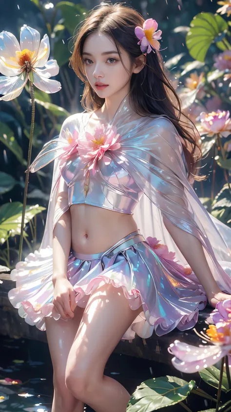 8k, masterpiece, 1 girl, beautiful face, very long hair, light makeup, (glossy skin:1.5), detailed eyes, detailed lips, small bust, short clothing, dragonfly, ((rainboe dragonfly clothing)), ((dragonfly rainbow petticoat)), ((flowing cape)), ((navel)), lig...