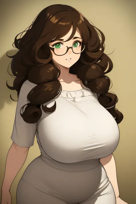 Curly Brown hair girl 5’9” 233 pounds pale white with speckled freckles. Green eyes. Chubby sexy curvy glasses, long long hair