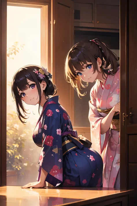 score_9, score_8_up, score_7_up, score_6_up, score_5_up, score_4_up, extreme detail, Masterpiece, Best Quality, beautiful, high res image, rating_explicit, Beauty, 40 years old, New Year, Furisode, yukata ((transparent)), indoors, pushing the door open, le...