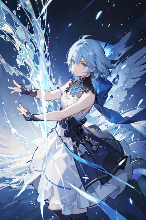 A small boy with light blue hair holding blue energy in both hands