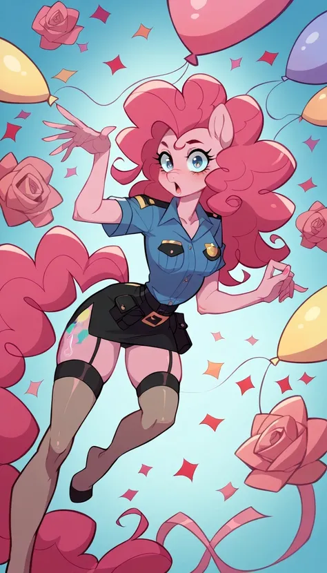 girl, police uniform, sexy roleplay, seductive posing, NSFW, mlp style, anthro character, Pinkie Pie, pink skin, long curly rose hair, sexy opaque stockings, little breasts, surprise birthday , 