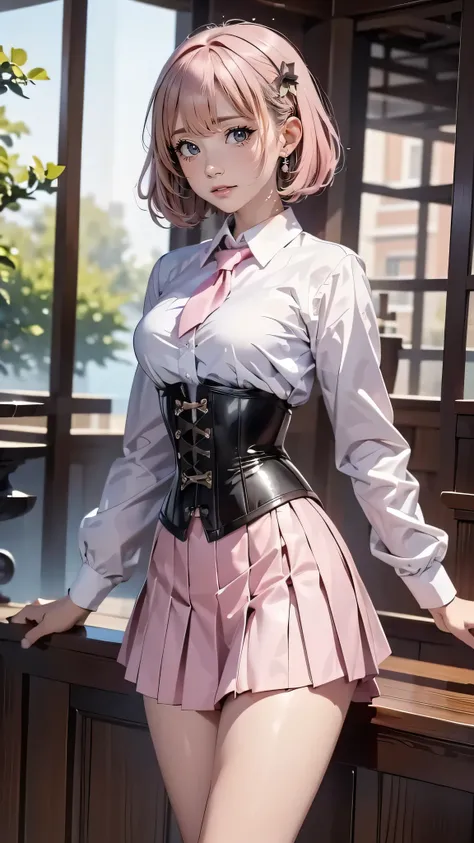 ((school uniform)), (Jumper skirt), ((corset)), (View your viewers),  sexy, ((alone)), (1 female), ((Age 25)), ((highest quality)), ((masterpiece)), (Familiar),   Perfect Face, 8k , (Cowboy Shot),  short hair, (((Pink Hair 1.5))), Bobcut, black eye, Beauti...