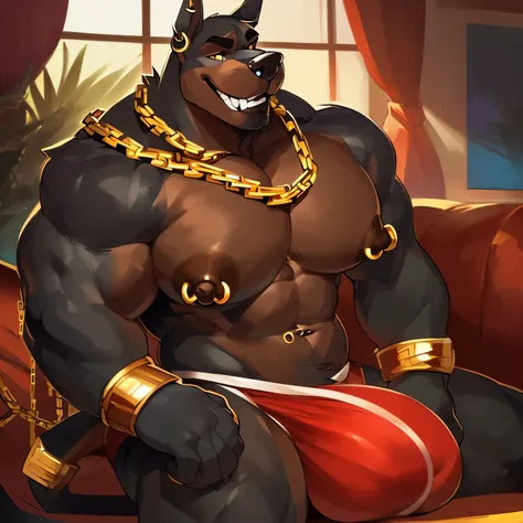 Solo, anthro, male (((Doberman, yellow eyes, broad shoulders, muscular, huge pecs, abs, black body, brown fur, no hair, long snout, ear piercing, pointy ears, black bottom lip, huge muscles, black arms, brown hands, brown nipples, brown eyebrows, big nippl...