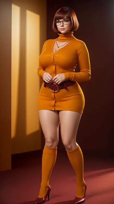 ((masterpiece, best quality, ultra-detailed, ultra-HD, photorealistic, cinematic)), (wide camera shot, full body view:1.5), (sensual pose, standing), (alluring and voluptuous female as Velma Dinkley:1.2), tight and thin yellow pants, perfect anatomy, perfe...