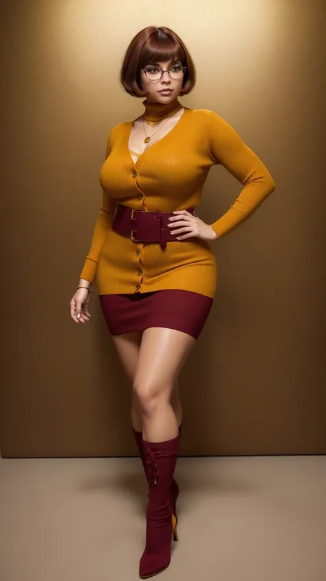 ((masterpiece, best quality, ultra-detailed, ultra-HD, photorealistic, cinematic)), (wide camera shot, full body view:1.5), (sensual pose, standing), (alluring and voluptuous female as Velma Dinkley:1.2), tight and thin yellow pants, perfect anatomy, perfe...