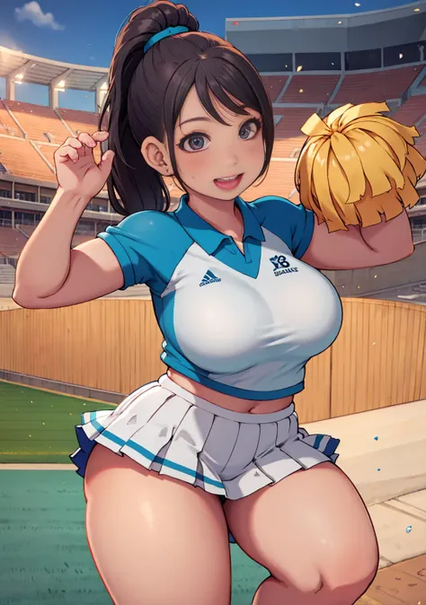 (8k、RAW photo、highest quality)、detailed background、beautiful and detailed face、beautiful and smooth skin、skin texture、professional lighting、Beautiful teenage girl、(cheerleader、stadium、Im rooting for you、mini skirt)、ponytail、big breasts、
sexy costume、Sexy U...