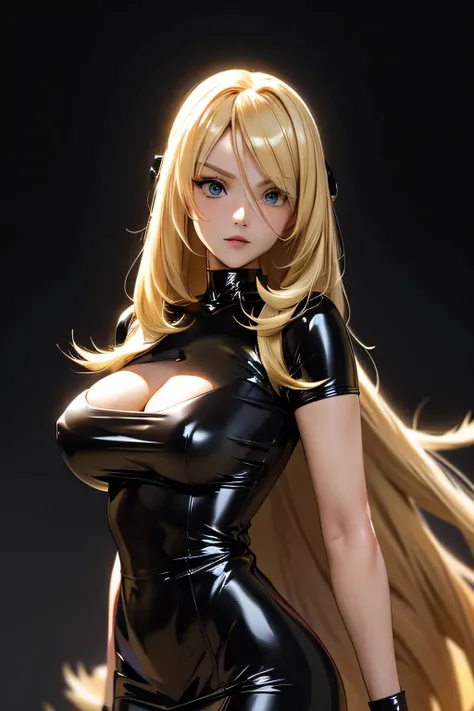  perfect anatomy 　 best quality, highest resolution,(((Latex black dress　Blonde　 long hair)))　 Pokémon　Cynthia　woman　Age 30　clarge breasts　cool