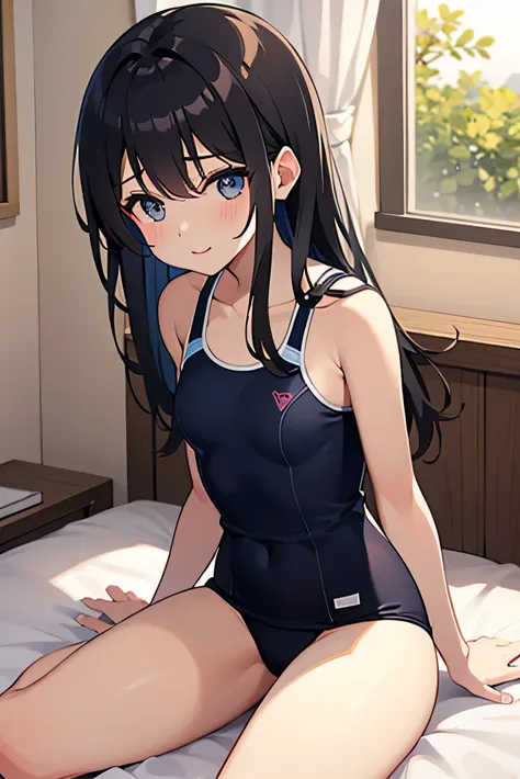  girls room、 cute、 long hair、 on the bed、If you take it off, swimsuit、押し倒される、エロ