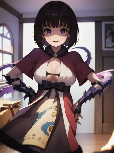 masterpiece, Highest quality, One girl, eric, Purple eyes, Brown Hair, Blunt bangs, Bobcut, Two honjiao, , bare shoulisers, Elbow hand pockets, Gauntlet, Reis Skirt, fur trim, View your viewers, :is, IncrsVGift Both, incoming gift, outisoors, evil smile,sh...