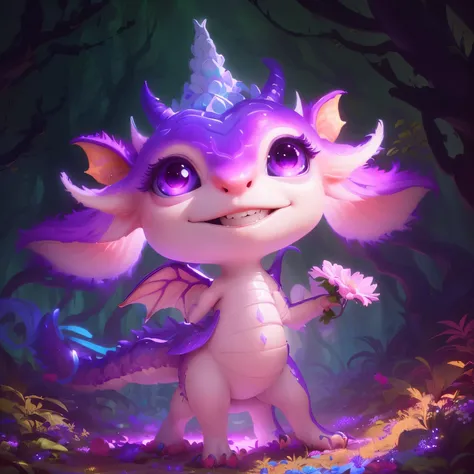 há um pequeno dragão com uma flor na mão, pintura digital adorável,  little dragon,  detailed digital art, beeple e jeremiah ketner,  digital art,  3 d render, very  purple dragon,  forest creature, pintura matte de fantasia，, happy brave magical ness, cri...