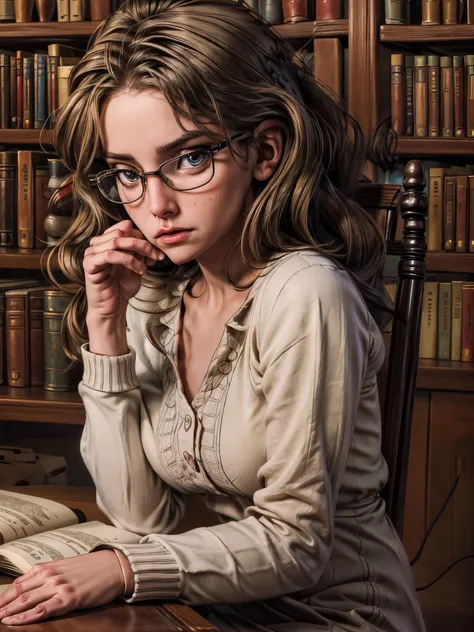 a person studying intently in a classic library, detailed portrait of a person sitting at a desk surrounded by bookshelves, deep focus, beautiful detailed eyes, beautiful detailed lips, extremely detailed face, long eyelashes, serious expression, wearing g...