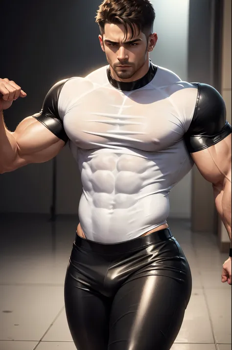 man in a white tight t shirt that accentuates his big biceps,tight abs, tight shirt accentuates his abdominal muscles,wearing black leather pants