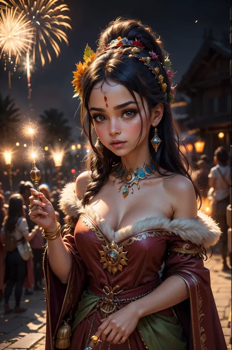 Brazilian holiday of the 1700s, Funny diverse fairy-tale characters in national clothes and headdresses, Close-up Portrait in the style of Disney Pixar Super realistic cinematic, high detail, fireworks, lights, sparks, torches, urban dark blurred fantasy b...