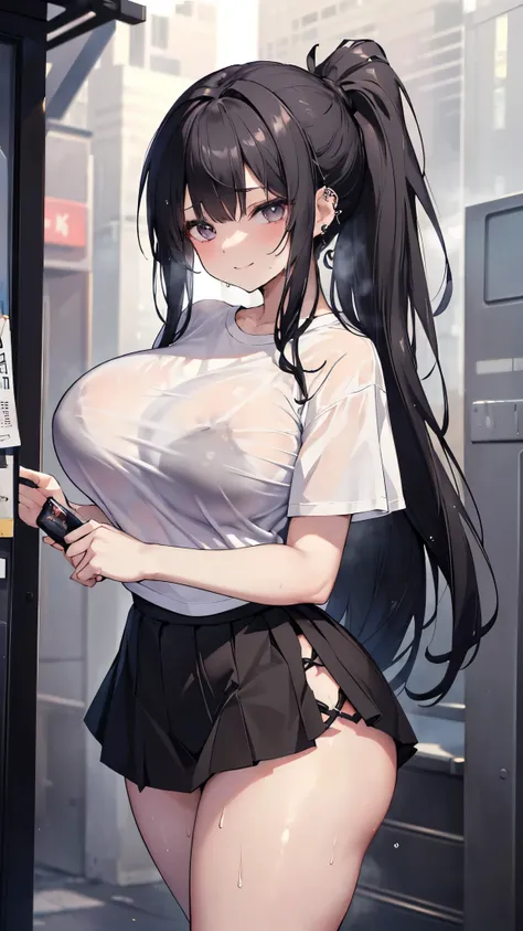 ((masterpiece、 best quality、 Very detailed))、 one girl、 black hair、 Long Hair、ponytail、 gray eyes、evil smile、((lots of piercing))、(( Big Breasts ))、(( white t-shirt ))、frosuke、((black letter skirt))、((micro miniskirt))、 cowboy shot、(( thick thighs ))、sukeb...