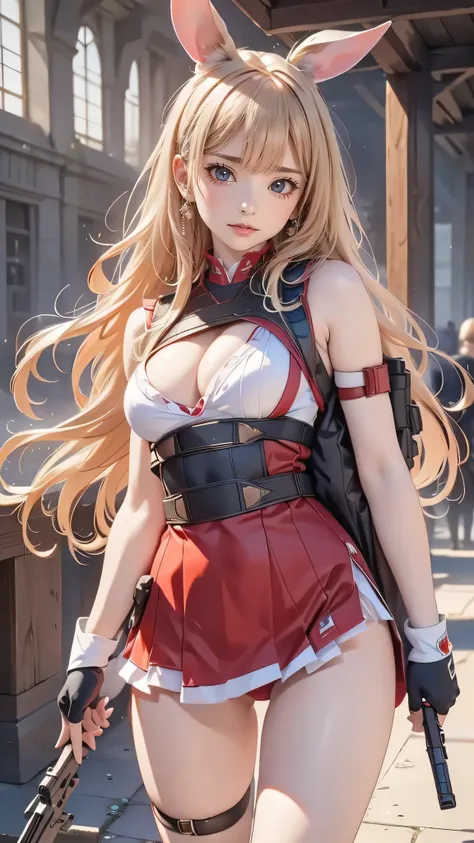 masterpiece、highest quality、Ultra-high resolution、Maximum resolution、Very detailed、Professional Lighting、anime、woman、thin、so beautiful、Bunny girl、Has an assault rifle、Red Eye、Blonde、long hair、Fingerless gloves、Equipped with a plate carrier、Standing alone o...