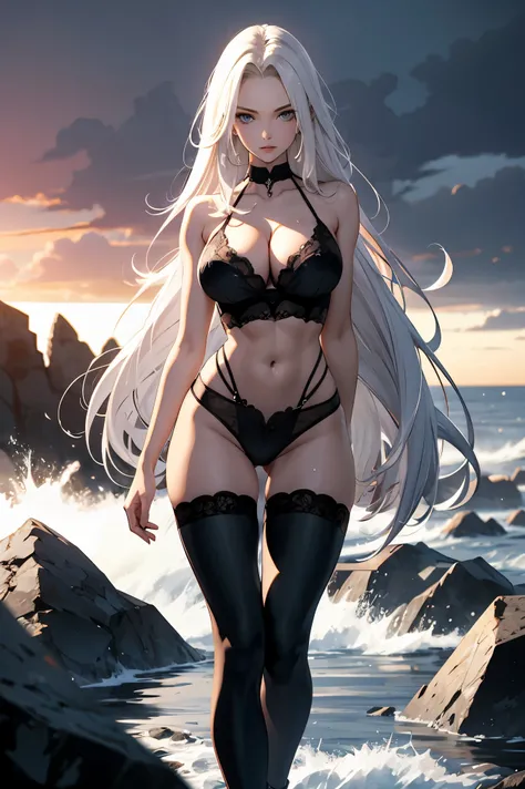 masterpiece, (full body), taboo anime porn image, deep DOF, extremely detailed, scene of a rocky shoreline, outdoors, nightscene, thunderstorm, intricatebackground, detailed background, male gaze, male fascination with super gigantic round symmetric breast...