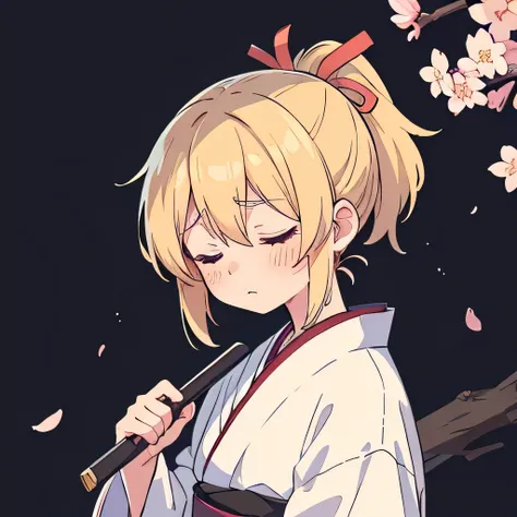 Harakiri 、 Close Your Eyes 、 sad expression、 short blonde ponytail holding a dagger、、Seppuku、Bare white kimono 、 sarashi、The cherry blossoms are falling、I have a dagger in a scabbard in my hand