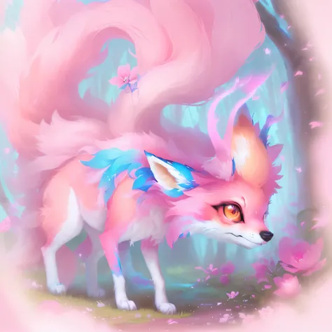  painting of a pink and blue furry animal in a forest, pink fox, ethereal fox, Wild,   furry Fantasy Art  , fantasy fox love, kitsune three-tailed fox, three-tailed fox, mythical creature,  fantastic creature ,  cute and detailed digital art , arte de silv...