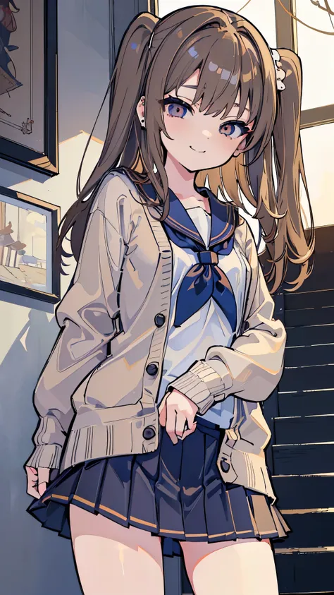 ((masterpiece、 best quality、 Very detailed))、 one girl、Brown Hair、 Long Hair、 two side up、 gray eyes、evil smile、((lots of piercing))、 smaller breasts、(( sailor suit ))、((light brown cardigan))、(( navy blue pleated skirt))、((micro miniskirt))、 Cowboy Shots ...