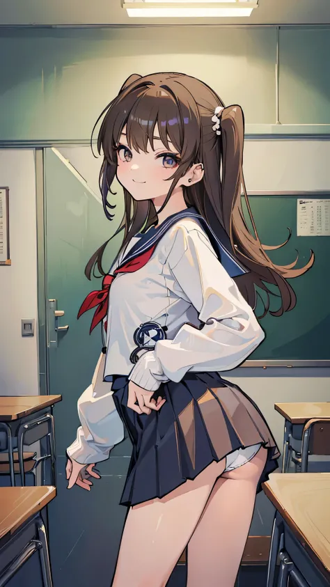 ((masterpiece、 best quality、 Very detailed))、 one girl、Brown Hair、 Long Hair、 two side up、 gray eyes、evil smile、((lots of piercing))、 smaller breasts、(( sailor suit ))、((light brown cardigan))、(( navy blue pleated skirt))、((micro miniskirt))、 cowboy shot、(...