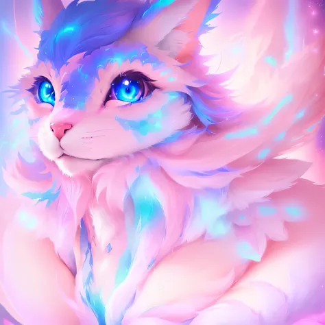 anime cat with blue eyes and pink hair with glowing blue eyes, furry fantasy art, very very beautiful furry art, adorable digital painting, furry digital art, portrait of ahri, cute detailed digital art, furry art, ethereal soft and fuzzy glow, ahri, furry...