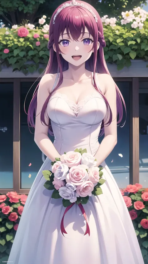 masterpiece, best quality, highres, 1girl, solo, long hair, purple hair, braid, purple eyes, wedding Dress, standing, garden, confetti, holding bouquet, smile, open mouth,