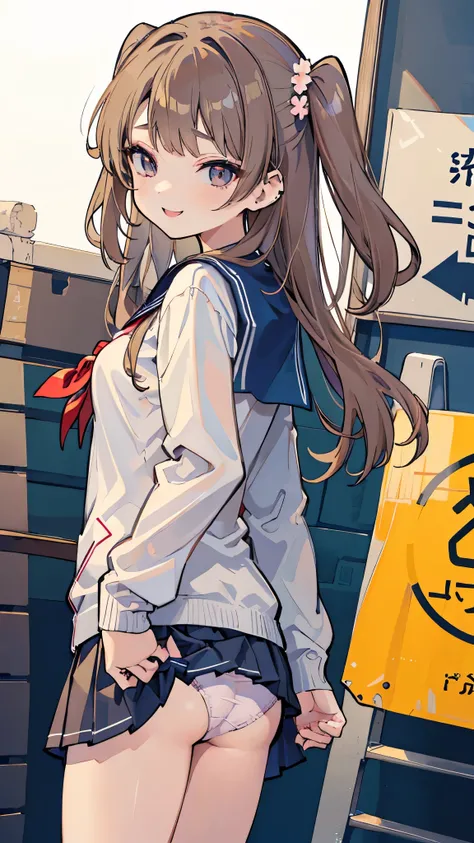  ((masterpiece、 best quality、 Very detailed))、 one girl、Brown Hair、 Long Hair、 two side up、 gray eyes、evil smile、((lots of piercing))、 smaller breasts、(( sailor suit ))、((light brown cardigan))、(( navy blue pleated skirt))、((micro miniskirt))、 Cowboy Shots...