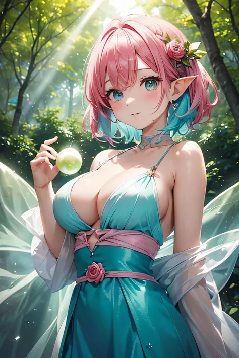 ((( cute forest fairy woman )))、Deep in the forest 、(((Wrapped in shining orbs))),((( sunlight filtering through the trees illuminates her :1.3)))、(((aqua blue and rose pink mixed color hair))),( shiny pixie cut hair wrapped in shining orbs),(detailed clot...