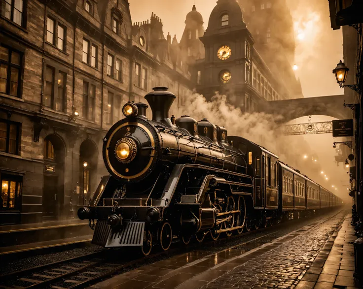 An opulent, steampunk sci-fi train gliding through a misty city street at dusk. The trains exterior is crafted from polished black metal with ornate golden accents and intricate engravings, featuring a fierce, sculpted lion head at the front, emitting stea...
