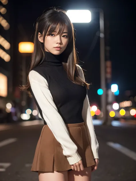 Product quality,  1 girl,  cowboy shooting, Front View,  cute young Japanese girl , At night,  wearing a black knitted turtleneck sweater,  wearing mini skirt , Super cute face,  glossy lips in the ruins of the city, Double eyelids on both eyes, (  natural...