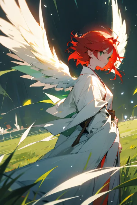 RED HEAD, GREEN EYES, WHITE ROBE, ANGEL WINGS, green grass