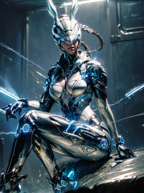 ((Masterpiece)), (high resolution:1.4),(bunny from the First Decendant) looking at viewer, (futuristic environment:1.5), beautiful face revealed, highly detailed skin, skin pores, (highly detailed face:1.1), (highly detailed eyes:1.1), realistic pupils, fu...