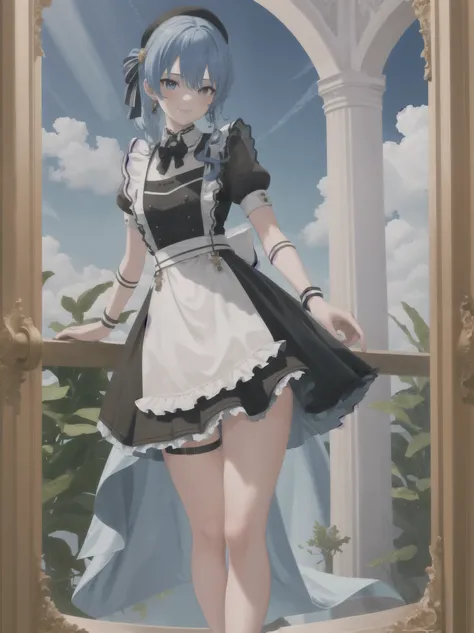   Masterpiece ,  best quality,  1 girl, Alone,  standing, SUISEED , Maid of Destiny, Thigh length, smile,  look at the viewers, :3, 