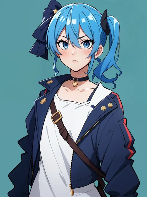 (  Masterpiece ,  best quality),   complex details,
 1 girl,     Hoshimachi Suisei,  blue eyes,  blue hair,  choker,  hair between eyes,  Medium Hair ,  side ponytail, star  choker,,
  straight jacket , Woman in a straitjacket,