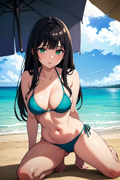 (masterpiece), best quality, expressive eyes, perfect face, ((thirty-year-old mature woman)), (long black hair, with straight bangs), (green eyes), (blue bikini), (sexy perfect body), looking at the view, absurdres, high res, ultrasharp, 8k, (beach backgro...