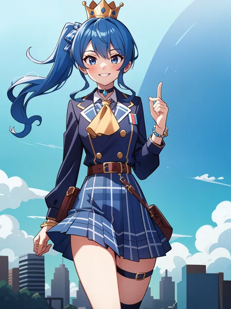   Masterpiece ,  best quality,  high definition , Sweet 1,  1 girl, Alone,  side ponytail,  Hoshimachi Suisei, fingerless gloves, single thighhigh, gem, Single socks,  seam,  bracelet , Blue socks, button, Single knee-high,  plaid dress,  blue choker,  blu...