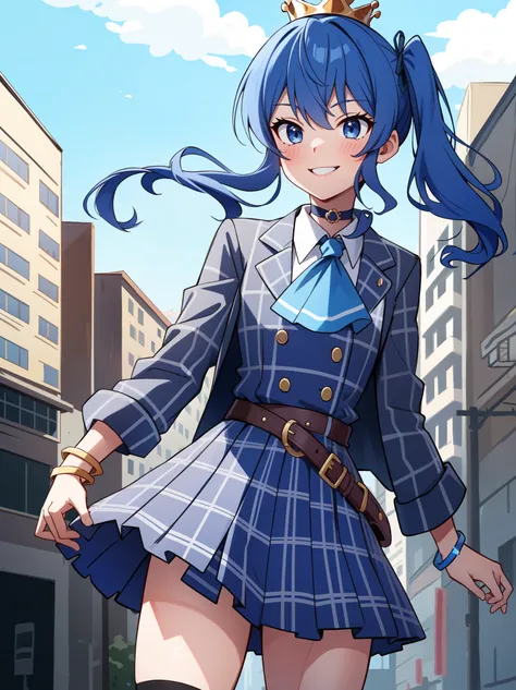   Masterpiece ,  best quality,  high definition , Sweet 1,  1 girl, Alone,  side ponytail,  Hoshimachi Suisei, fingerless gloves, single thighhigh, gem, Single socks,  seam,  bracelet , Blue socks, button, Single knee-high,  plaid dress,  blue choker,  blu...