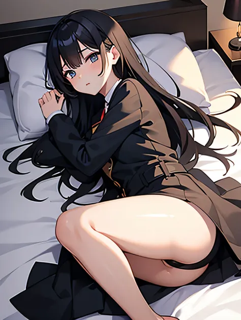  pretty girl 、 on the bed、High image quality、 long hair、uniform、 high school girl、 black hair、Completely naked、