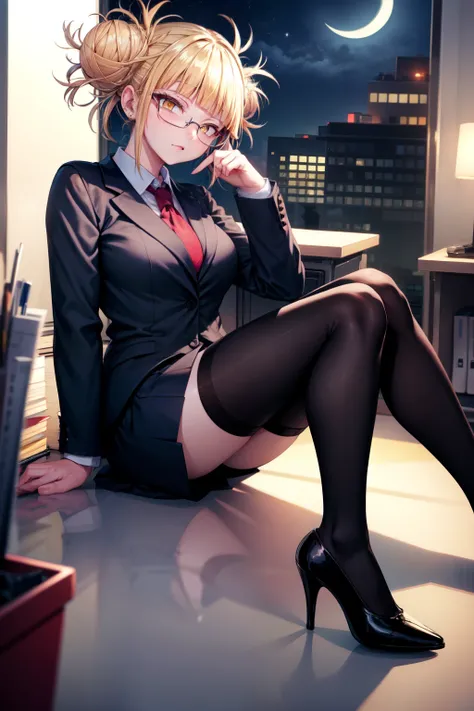 Himiko toga, glasses, office girl, office wear, secretary, office lady, business, suit, blue light, moonlight, black tights, black socks, high heels, hair buns, yellow eyes