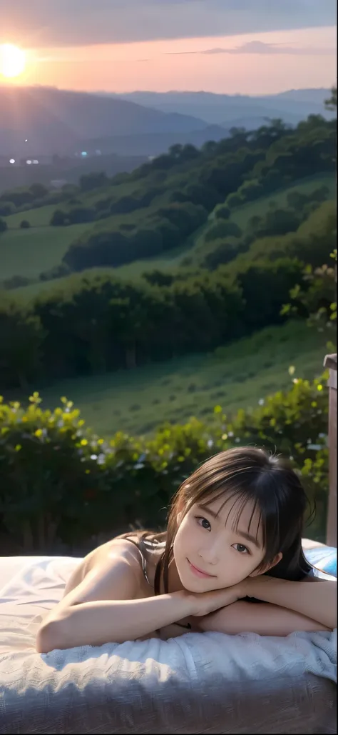 High reSolution、Super fine、Outdoor at duSk、 Panoramic View、((Lying on one's back on the bed))、 open legs wide 、 debris flies、((Hotel Bedroom、With a girl:1.1))、(( show armpits、 view from above))、((Her hair iS black and very Short))、Turn to the side、Ski...