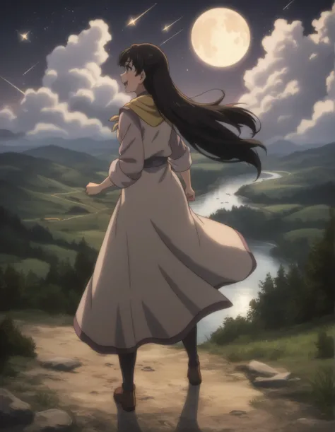 score_9, score_8_up, score_7_up, gsfghtr, multicolored robe, neckerchief, black hair, (long straight hair), cinematic Lighting, 1girl,solo,blush,smile, open mouth,Valley with Flowing River, moon, shooting stars, from back