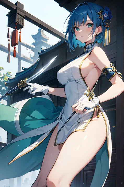 4K, high definition ,One Woman, blue hair, short hair , green eyes, huge boobs,Ancient Chinese Swordsman ,White Chinese dress,Sleeveless,Sideboob, White Long Gloves,White high heel boots,Black tights,Chinese sword ,Jewelry decoration,Ancient Chinese Towns 