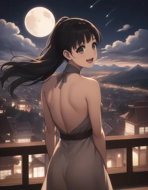 score_9, score_8_up, score_7_up, gsfghtr, (long straight hair), black hair, Backless Dress, mukena, cinematic Lighting, 1girl,solo,looking at viewer,blush,smile, open mouth,top of mountain, city view, moon, shooting stars, (((bright light from front))), fr...